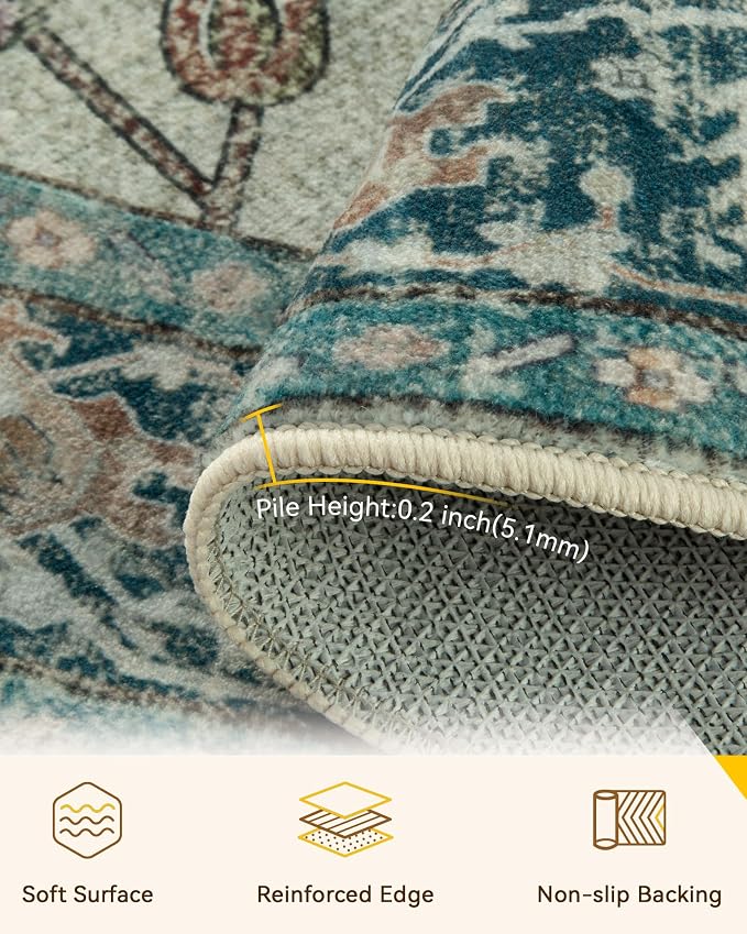 RELEANY Area Rugs Round 4ft Washable Non-Slip, Floral Vintage Distress Medallion Carpet for Living Room Bedroom Dining Room, Dark Blue Vintage
