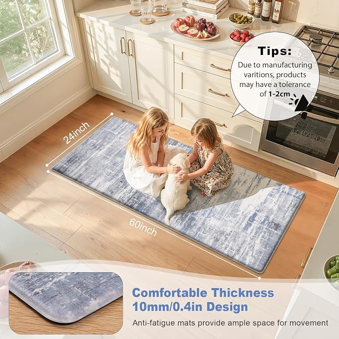 LOKHOM Anti Fatigue Kitchen Mats for Floor, 24x59 Non Slip Modern Cushioned Standing Comfort Kitchen Runner Rug, Waterproof Abstract Memory Foam Padded for Sink Laundry Office, Blue Grey