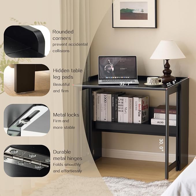 Foldable Desk，Folding Table with Storage Shelf,32.6 Inch Fold Out Computer Desk for Small Spaces,Writing Desk for Bedroom Home Office Dorm and Apartment (Black)