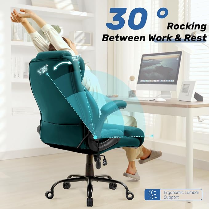 550LBS Big and Tall Office Chair, Comfy Heavy Duty Executive Chair with Adjustable Lumbar Support Double Spaces Casters, Fabric Extra Wide Seat Ergonomic Computer Desk Chair for Back Pain,Green