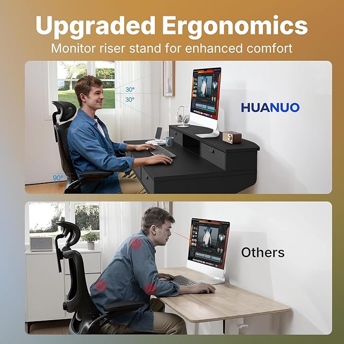 HUANUO 48 x 24 Inch Electric Standing Desk with 4 Drawers, Black | 4 Drawers For Organized Storage, Raised Monitor Shelf, C-Clamp Mount Support, 4 Memory Presets, 28.3–46.5 Inch Height Range