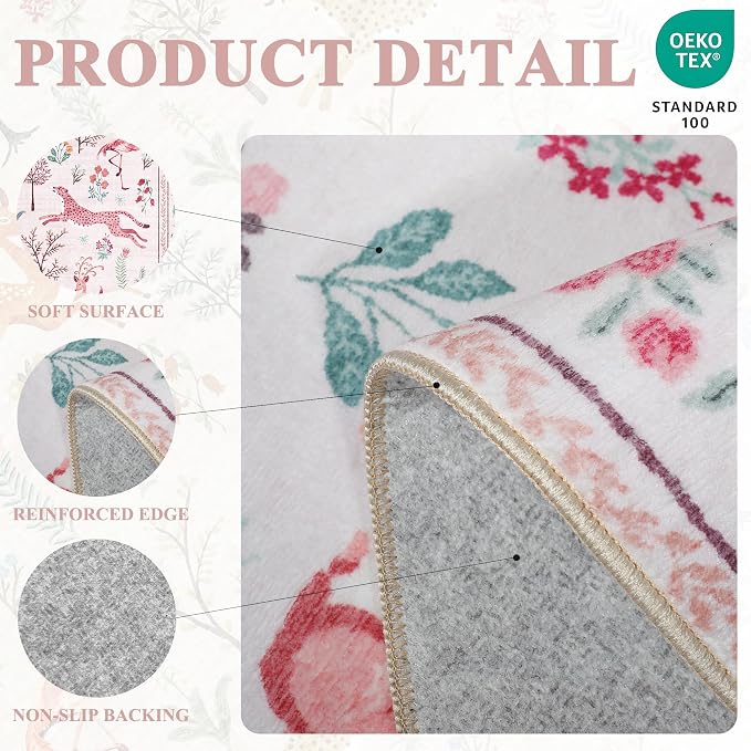 DUKINO Runner Rug, 2x8 Washable Kitchen Rugs for Hallways with Non Slip Backing, Soft Low Pile Vintage Animal Runner for Kitchen, Hallway, Entryway, Laundry, Bedroom, Pink