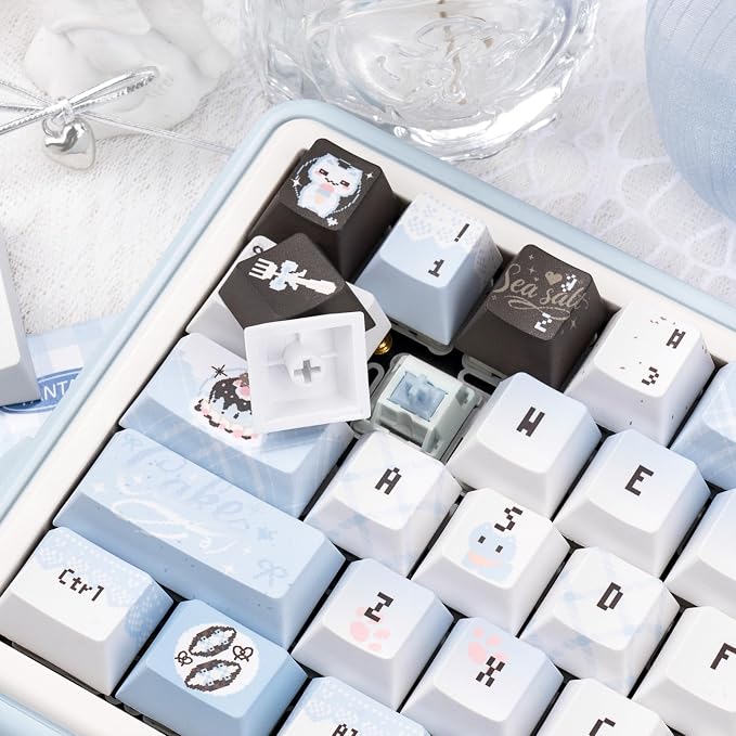 Cherry Profile PBT Keycaps - Cute Cat Keycaps, 145 Keys Blue White, Kawaii Anime Custom Keycap Set for US UK Layout Mechanical Keyboards with Key Puller（Pixel Art Style）