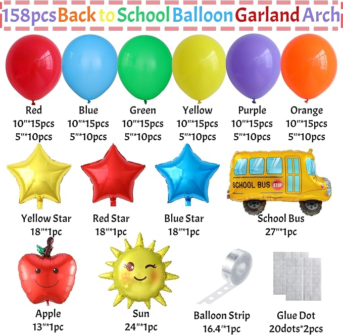 Back to School Balloon Garland Arch Kit, 158pcs Rainbow Balloons With Theme Foil Balloons for Decoration, 100 Days of School Graduation Party Supplies, Classroom Decor