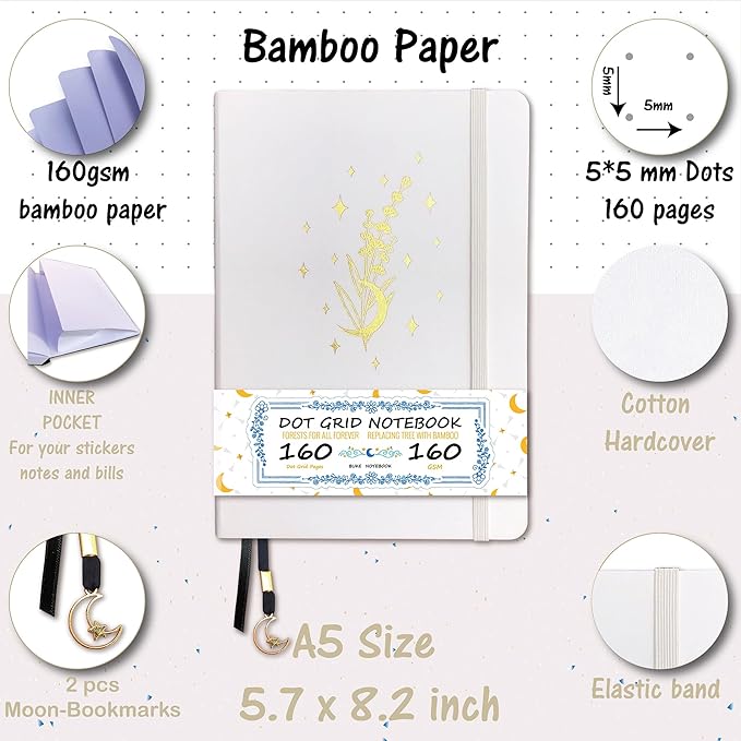 BUKE Dotted Notebook - Cotton Fabric Hardcover - 160gsm Thick Bamboo Paper - A5 Size Dotted Journal - 5x5mm DOT GRID Layout 160 Pages With Gift Box (BKC-4D)