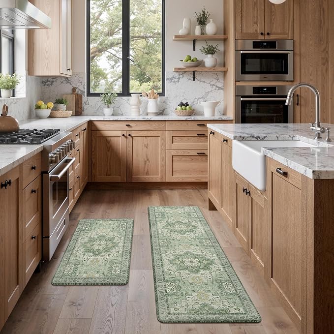 GENIMO Kitchen Mats for Floor 2PCs, Washable Anti Fatigue Mat for Cushioned, 17.3"x59"+17.3"x30", Waterproof Kitchen Rugs, Non Slip Comfort Standing Mat Rug for Home, Sink, Laundry, Light Green