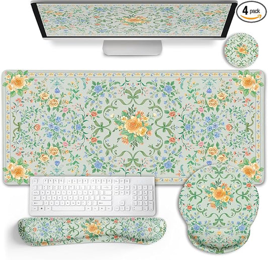 LIMKRIAN Green Floral Desk Mat Set with Bow, Large Computer Mat for Keyboard and Mouse, Ergonomic Wrist Rest Support Set, Cup Coaster, Stitched Edges, Girly Home Office Desk Accessories, Gift for Her