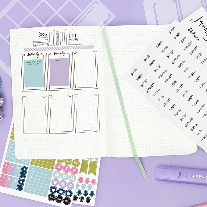 PAPERAGE Bullet Journal Kit, Dotted Journaling Set & Stationary Kit, Hardcover Dotted Journal Notebook (Raspberry), 12 fineliner Pens, 8 Sticker & 3 Stencil Sheets, 6 Washi Tapes