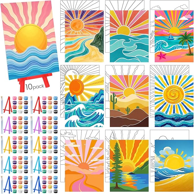 Blosssound 10 Set Pre Printed Sunrise Canvas Pre Drawn Canvas Painting with Easel Kits 5" x 7" Outline Painting Panels for Beginners, DIY Craft Project, Party Favor, Home Decors