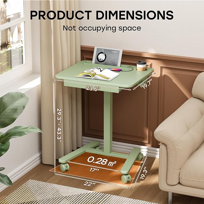 Small Mobile Standing Desk with Drawer, 23.6" x 19.7" Top | Height Adjustable Portable Laptop Desk with Wheels & Cup Holder, Sit Stand Computer Workstation for Compact Space, Sage Green