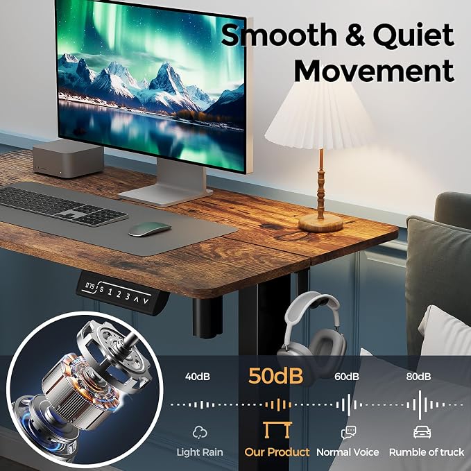 Small Electric Standing Desk, 35" ×20" Standing Table, Height Adjustable Compact Sit Stand Workstation with Splice Board, Home Office Desk with 2 Hooks, Rustic Brown