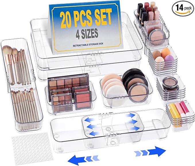Aneco 20 Pieces Extendable Clear Drawer Organizer Adjustable Vanity Storage Box 4-Size Desk Drawer Divider Acrylic Storage Bins for Makeup, Cosmetic, Jewelries, Bedroom Kitchen Utensils Gadgets