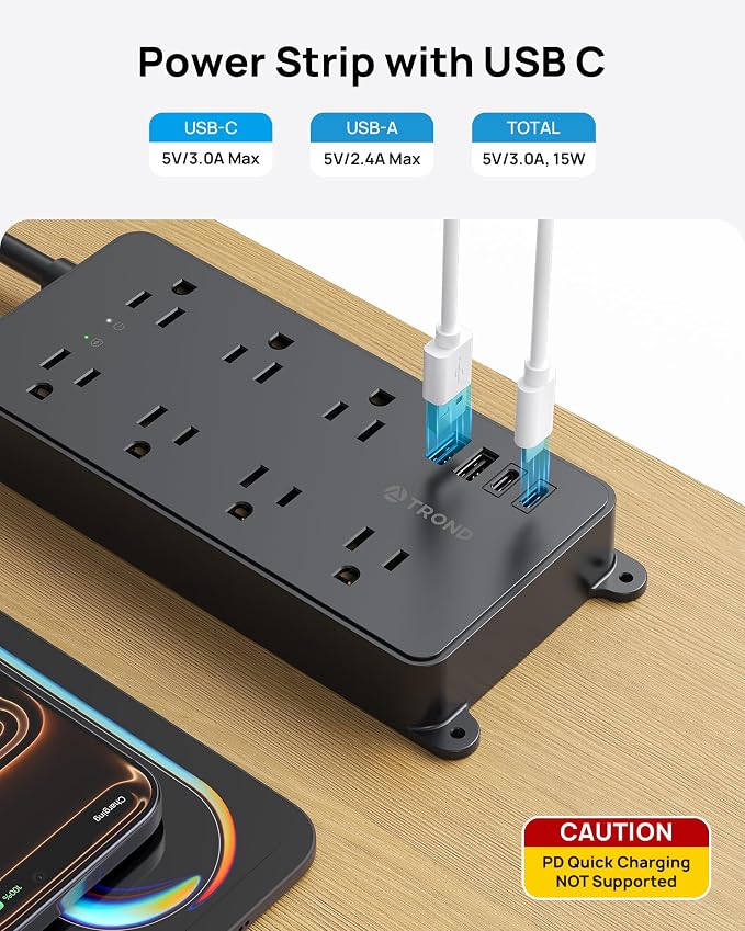 TROND Surge Protector Power Strip, Flat Plug 15ft Long Extension Cord, 7 Widely-Spaced Outlets with 4 USB Ports, ETL Listed, 1700J, Wall Mountable, for Home Office Garage, Black