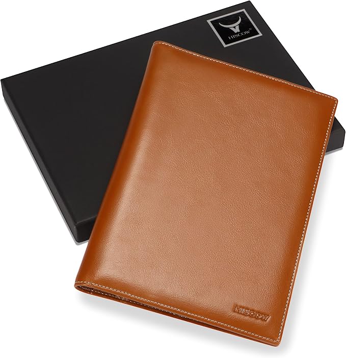 HISCOW Slim Leather Junior Padfolio, 5x8 Notepad Cover, Antiqued Brown | Full-grain buffalo leather, top-loading legal pad holder, rigid pen loop, quick-access card slot, zipperless boardroom design