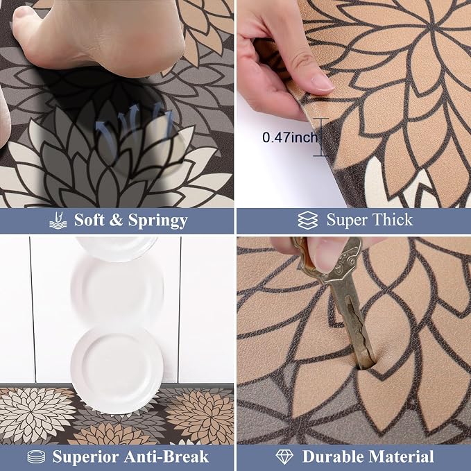 HEBE Anti Fatigue Kitchen Rugs Set of 2, Cushioned Kitchen Mats for Floor | Non Slip Washable Kitchen Runner Rug Set, Floral Stain Resistant Waterproof Comfort Mat Carpet for Sink, Standing Desk