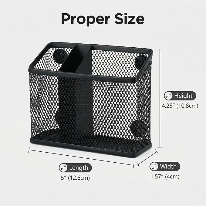 Neudeco Magnetic Pen Holder, Black, 2 Pack, 3-Compartment Metal Mesh | Magnetic Organizer for Whiteboard, Refrigerator, Locker & Filing Cabinet, Dry Erase Marker Holder