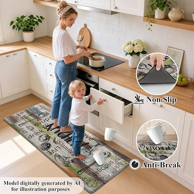 HEBE Anti Fatigue Kitchen Rugs Set of 2, Non Slip Cushioned Kitchen Mats for Floor, Waterproof Farmhouse Comfort Standing Desk Mat for Kitchen Sink,Office,Laundry