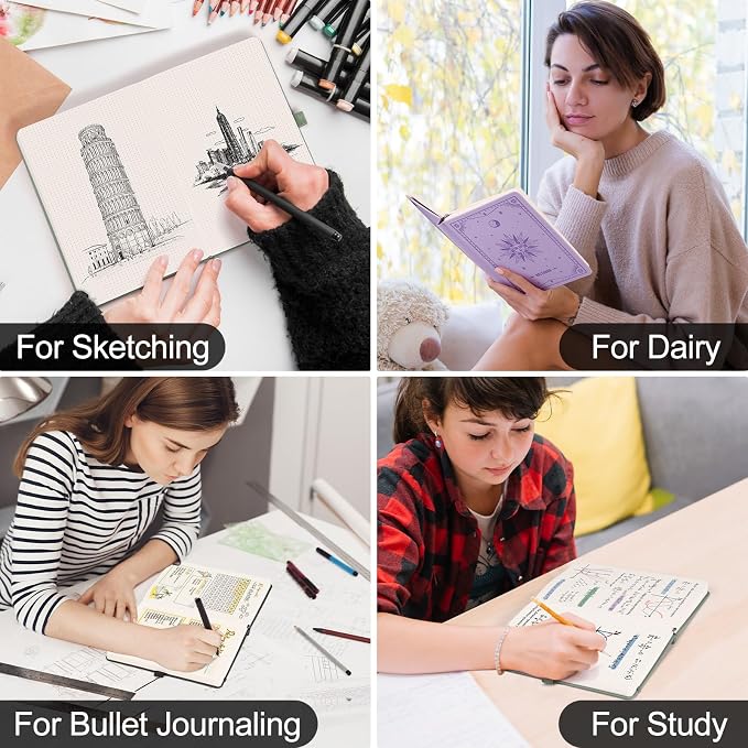 EMSHOI Dotted Journal Notebook, 320 Pages, A5 Small 5.75"x8.38", PU Leather Hardcover, 100 GSM Thick Paper, 5mm Dot Grid Notebook for Journaling, Planning, Drawing, Writing, Green