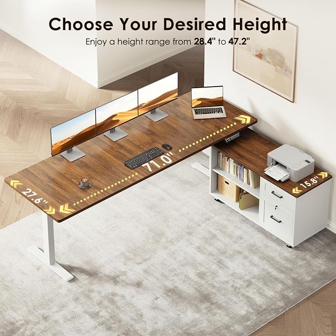 OffiGo 71" L Shaped Electric Standing Desk with File Cabinet, Walnut/White | Mobile Drawers & File Cabinet for Flexible Layout, Height Adjustable Executive Stand Up Desk for Home Office Workstation