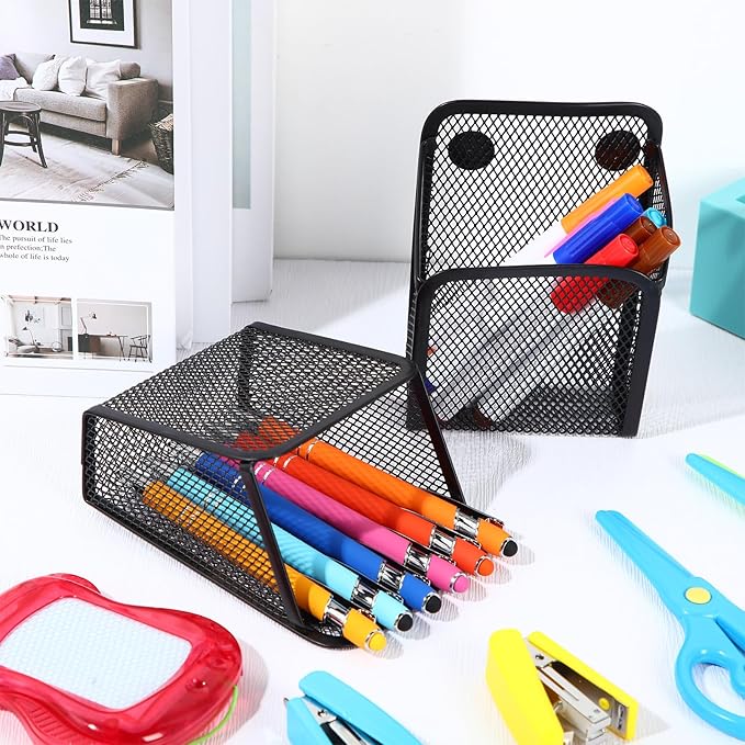 Yexiya Magnetic Pencil Holder Metal Magnetic Basket Mesh Pen Holder Black Desk Organizer for Work Whiteboard Refrigerator Locker Office Accessories(9 Pcs)