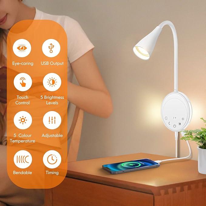 SANKEDOU LED Wall Mount Reading Light, Bedside Reading Lights with Touch Control, 5 Dimmable, USB Output, Night Light & Timers, Flexible Gooseneck Headboard Bed Lights wall Sconce (White-2P)
