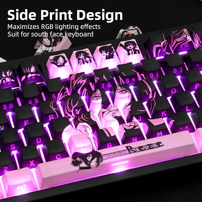Purple Black Manga Japanese Theme Keycaps, PBT Keycaps 130 Keys Cherry Profile Dye - Sublimation Keycap Shine Through Custom Key Cap Set for Cherry Gateron MX Switches Mechanical Keyboard.