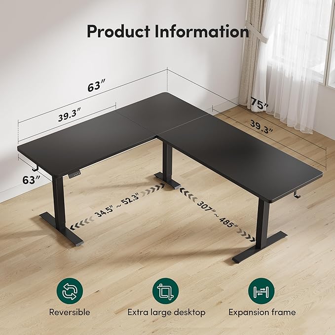 FEZIBO 75" x 63"L Shaped Standing Desk Adjustable Height, Electric Stand up Corner Computer Desk, Sit Stand Home Office Desk with Splice Board, Black
