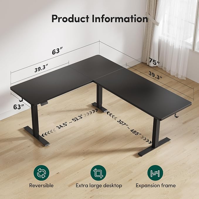 FEZIBO 63 x 55 L Shaped Standing Desk Adjustable Height, Electric Stand up Corner Computer Desk, Sit Stand Home Office Desk with Splice Board, Black