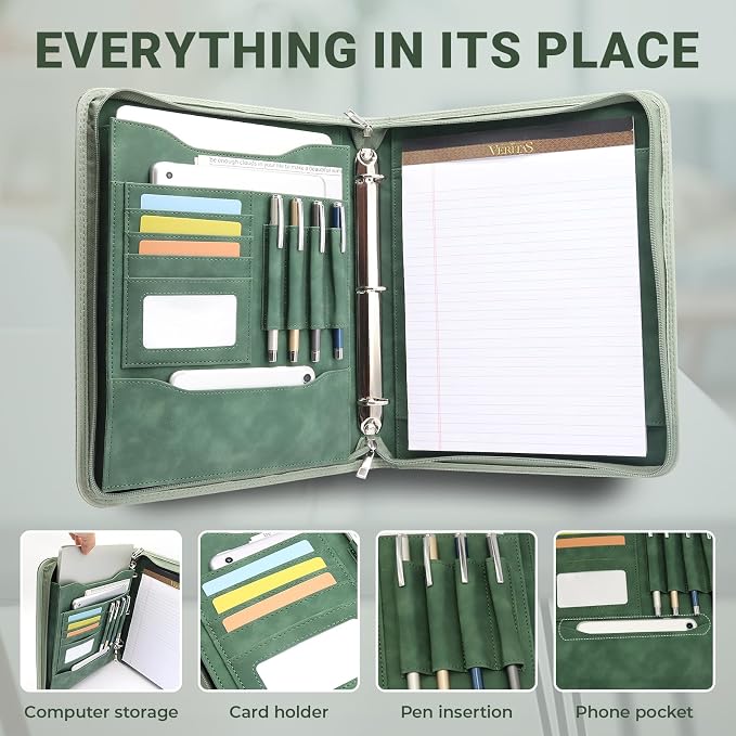 Embossed Faux Leather Zippered Padfolio with 3 Ring Binder, Executive Portfolio Organizer Binder for Women, Fits 13.9" Laptop/Tablet, Refillable Writing Pad Pocket, Green