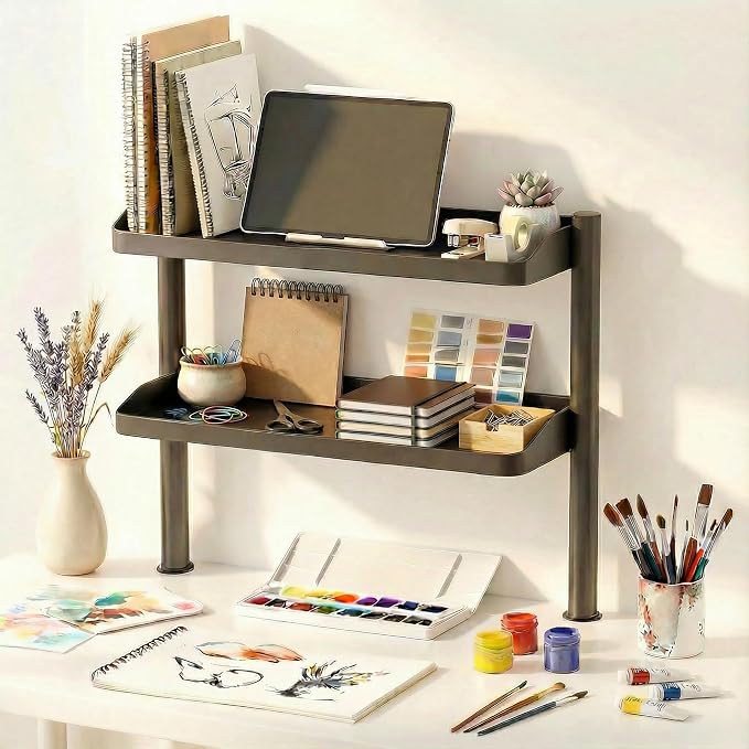 Clamp on Desk Shelf, 17in 2-Tier Office Desk Shelves Organizer, Small Shelf for Top of Desk with Headphone Holder and Hooks, Desktop Storage Rack for Home Workspace, Study Rooms, Gaming Accessories