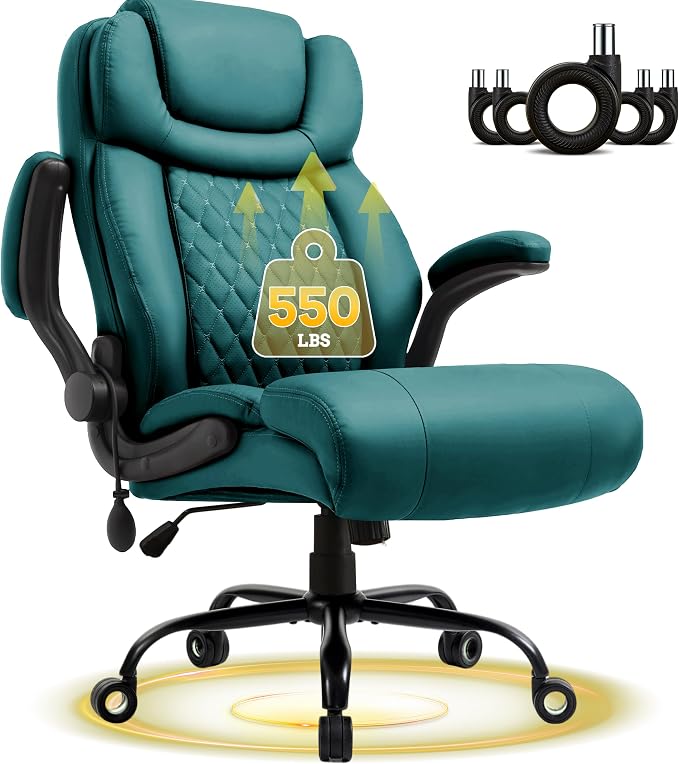 550LBS Big and Tall Office Chair, Comfy Heavy Duty Executive Chair with Adjustable Lumbar Support Double Spaces Casters, Fabric Extra Wide Seat Ergonomic Computer Desk Chair for Back Pain,Green