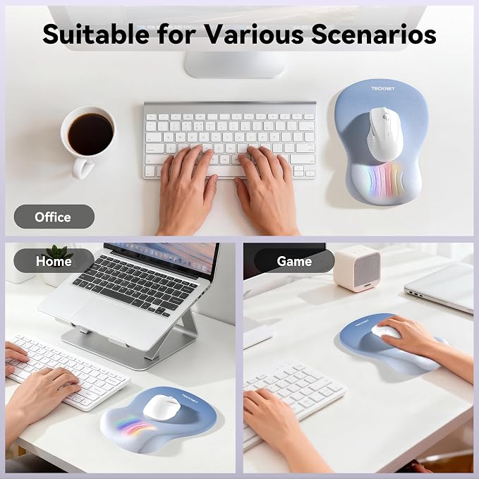 TECKNET Ergonomic Mouse Pad with Wrist Rest, Memory Foam Mousepad with Wrist Support, Smooth Surface, Middle Concave & Non-Slip Base for Laptop/PC, Pain Relief for Home Office Gaming, Blue
