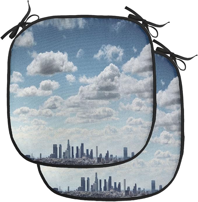 Lunarable United States Chair Cushion Pads Set of 2, Downtown Los Angeles Skyline Under The Summer Sky with Scenic Fluffy Clouds, Anti-Slip Seat Padding for Kitchen & Patio, 16"x16", Blue White