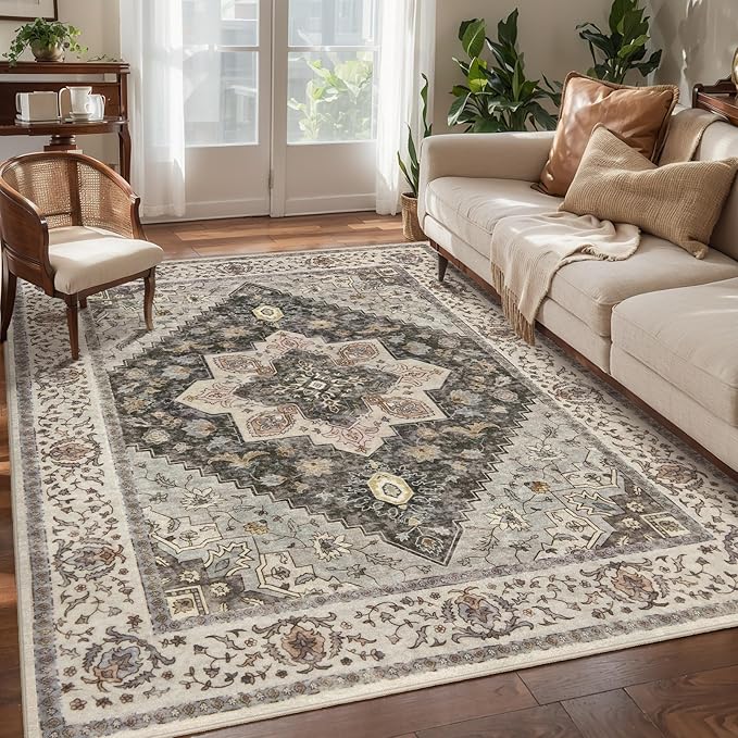 Tangsoo 3x5 Area Rug Vintage Washable Rugs Non Slip, Farmhouse Rugs Indoor Accent Rug Print Distressed Grey Carpet, Soft Low Pile Rug for Living Room Office Bedside Entryway Bedroom