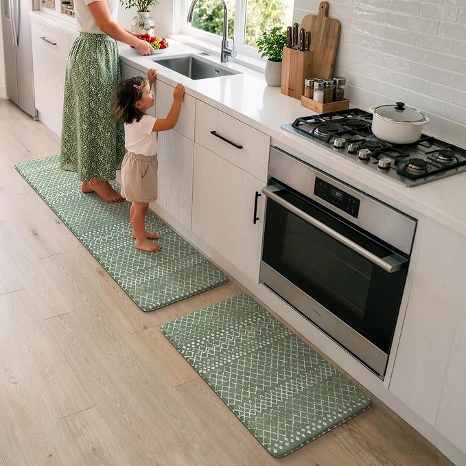 KIMODE Anti Fatigue Kitchen Mats for Floor, Boho Kitchen Rugs Sets of 2, Cushioned Kitchen Floor Mats, Comfort Standing Mat for Sink Laundry Office Desk Green 17"x59"+17"x29"