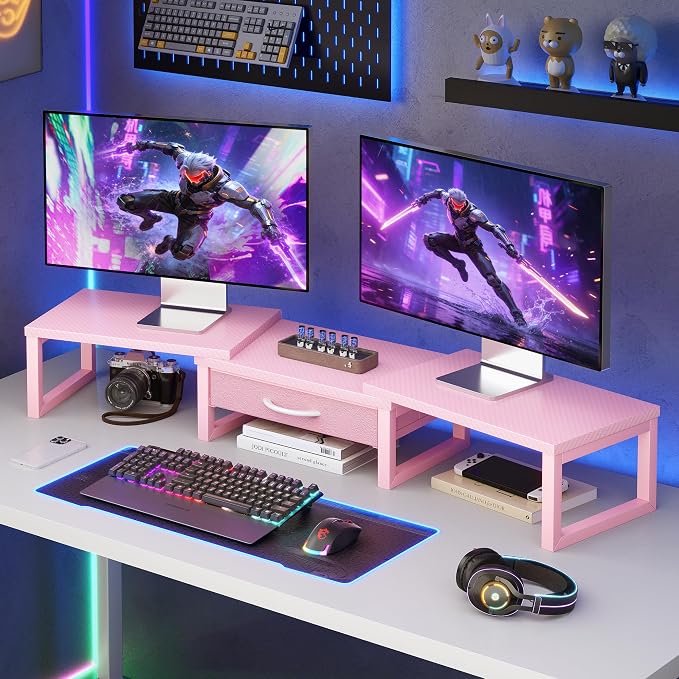 Desk Organizers and Accessories, Dual Monitor Stand Riser with Drawer, Computer Monitor Stand, Adjustable Desk Shelf for PC Laptop Printer TV, Pink