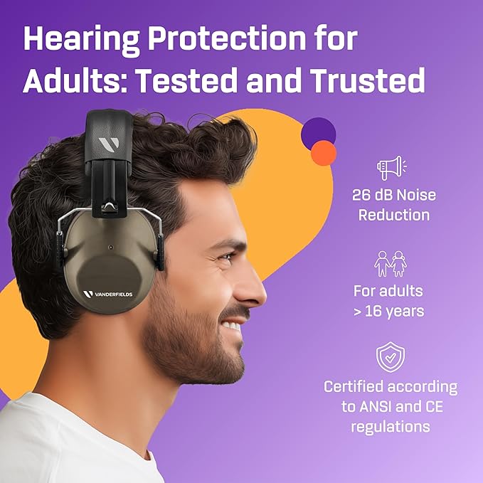 Vanderfields - Hearing Protection Ear Muffs - Over 33 dB (2K Hz) Broad Noise Cancelling Sound Reduction - Adults & Teens