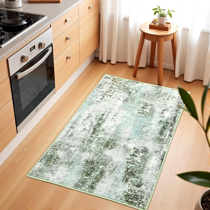 Macgace Washable Abstract Rug, 2x3 Small Modern Area Rugs with Non-Slip Rubber Backed for Kitchen, Thin but Soft Throw Carpet Bedroom Entryway Front Door Decor, Green