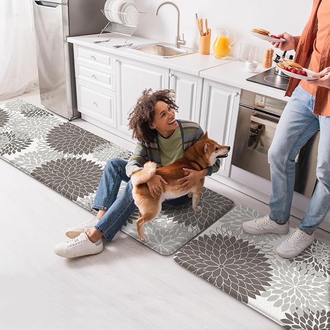 KIMODE Anti Fatigue Kitchen Mats for Floor Cushioned Kitchen Rugs Sets of 2 | 17"x59"+17"x29",Floral,Grey,Non-slip,Waterproof,Kitchen Runner Rug,Comfort Foam Paded Mat for Floors Office Laundry Sink