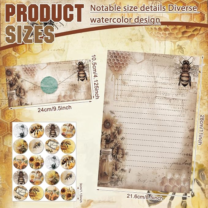 TaoBary 160 Pcs Stationery Paper Set 50 Double Sided Stationery Paper with 50 Matching Envelope and 60 Round Dot Sticker, 10 Design (Vintage Bee Floral Butterfly,8.5 x 11 Inch)