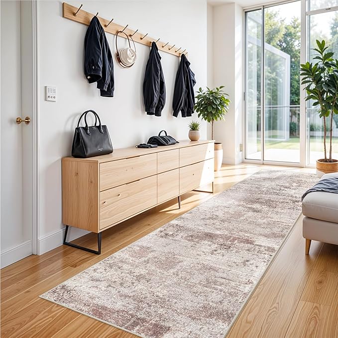 Carpet Runners for Hallway 12ft: 3x12 Runner Rug Washable Non Slip Long Carpet Runner for Kitchen Bedroom - Modern Neutral Low Pile Wide Decoration Floor Mat for Newlyweds Pet Family(3x12 Beige-Brick)