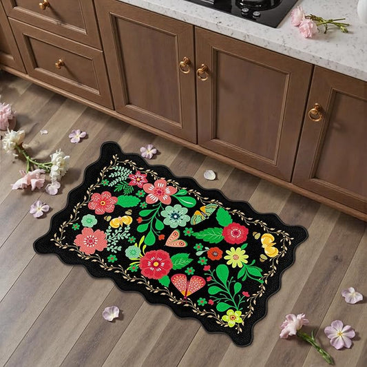 Scalloped Black Kitchen Mats for Floor Cushioned Anti Fatigue Kitchen Mats Rugs Waterproof Non Slip Farmhouse Boho Floral Comfort Foam Standing Mat for Sink Laundry, 17.3x30