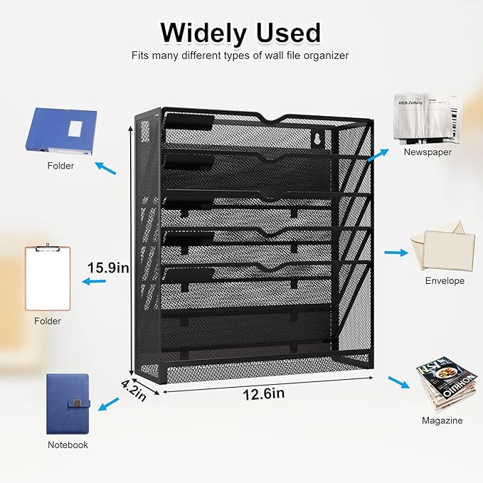 6 Tier Magnetic File Holder, Large Capacity Mesh Hanging Wall Organizer Vertical Magnetic Hanging File Organizer, Magnetic File Folder Holder for File Cabinets, Office, Whiteboard (Black)