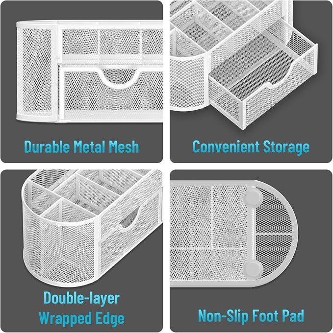 SUPEASY Mesh Desk Organizer, Desk Accessories & Workspace Organizers with Drawers, Pencil Holder for Desk with 9 Compartments for Office Supplies, School, Classroom, 8.6 x 4.3 x 4.1 Inch, White