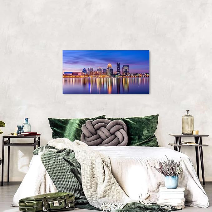 Louisville Skyline Wall Art Kentucky Wall Decor Sunset Downtown Pictures Waterfront Park Landscape Canvas Prints Painting Modern Cityscape Artwork for Bedroom Living Room Home Decoration 20x40”