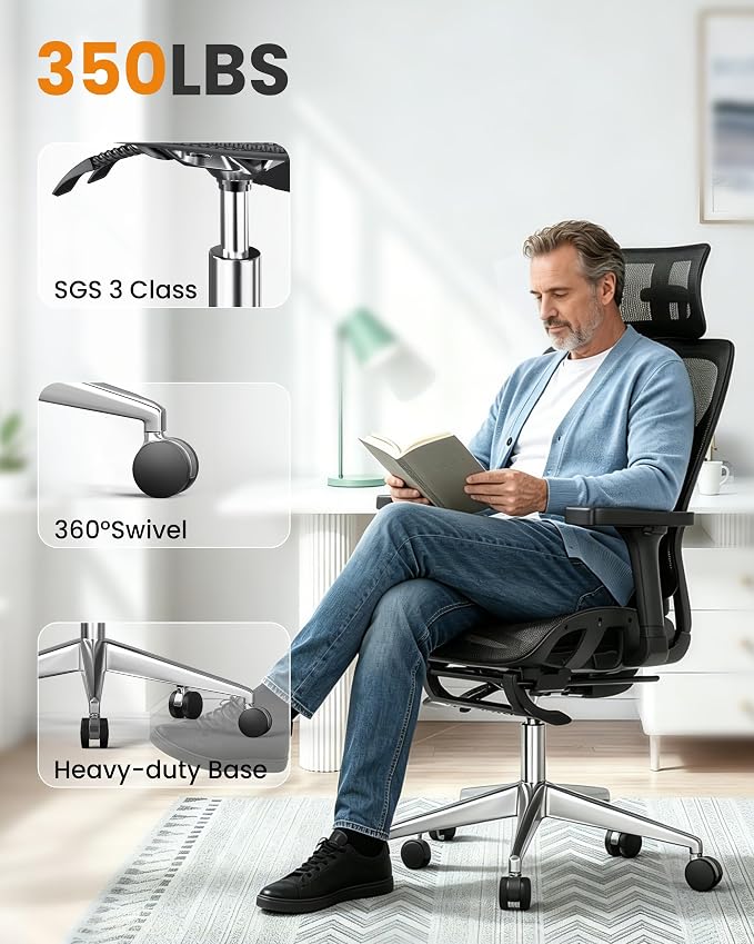 naspaluro Ergonomic Office Chair High Back for Home, Work and Gaming Black | Mesh Desk Chair with Adjustable Lumbar Support, 3D Headrest and Armrests, Footrest, Swivel Computer Chair 350lbs Capacity