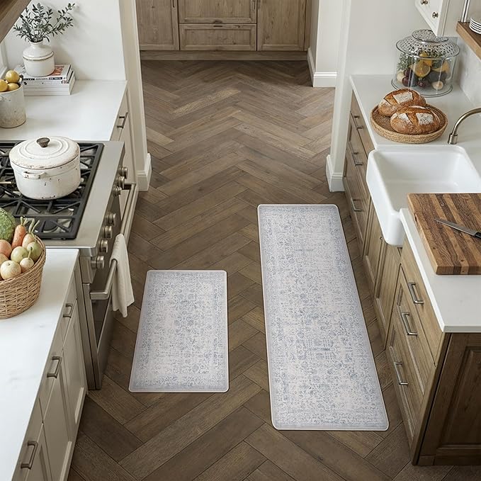 Kitchen Mats 2PCS Anti Fatigue Cushioned Mat Light Blue Vintage Kitchen Mats for Floor Waterproof Non Slip Comfort Standing Retro Floral Rug for Sink Laundry Office 17.3"x59"+17.3"x30"