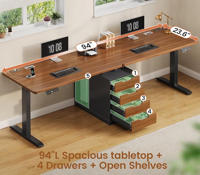 SEDETA Standing Two Person Desk, 94'' Long Computer Desk with 4 Drawers, 2 Power Outlets, CPU Stand, Electric Height Adjustable 2 Person Desk with Cable Management for Home Office, Black+Brown