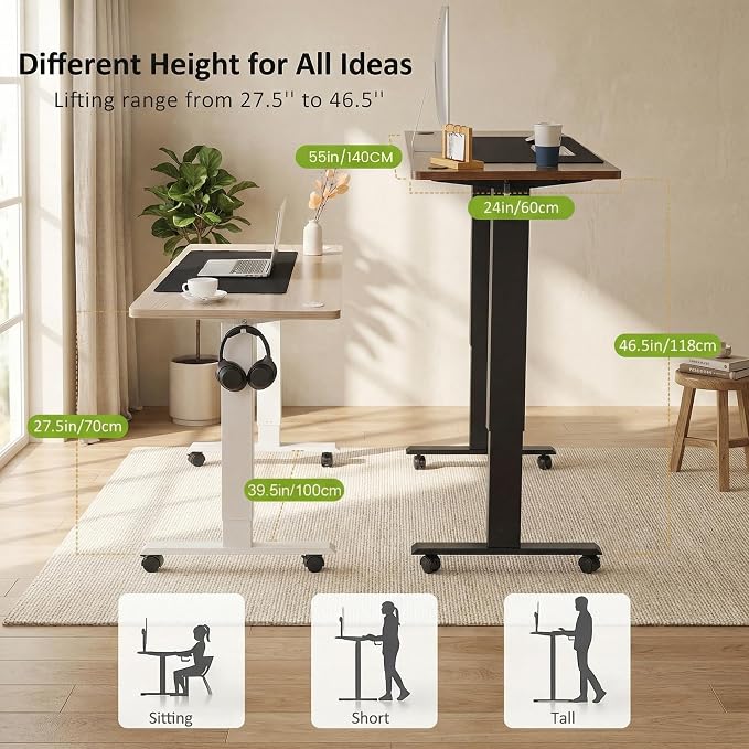 farexon Electric Standing Desk Adjustable Height, 55 x 24 Inch Stand up Desk with Large Mouse Pad, Rolling Wheels & Foot Pad,27''-46'' Lifting Range Home Office Computer Desk(Oak Gray)