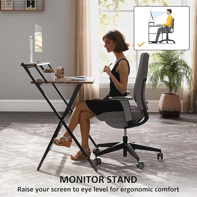 HOMCOM Small Folding Desk, 32 Inch Foldable Computer Desk with Monitor Shelf, Space Saving Portable Writing Table for Small Spaces, Home Office, Study, Easy Assembly, Walnut